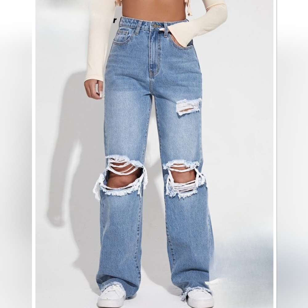 SHEIN Distressed Straight Leg Jeans Size 28 High Rise 3324-i